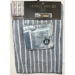 PURE BATH *NEW *Blue White 14 Piece Bath Set Rug, Shower Curtain, 12 Metal Hooks